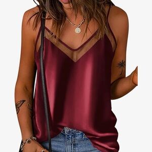 Womens Satin V-Neck Camisole Top with Mesh Trim - Burgundy